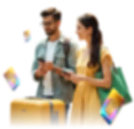 Lächelndes Paar mit Smartphones und Koffer, steht gemeinsam da, während bunte eSIM-Karten um sie herum schweben – ein Symbol für ein reibungsloses und modernes Reiseerlebnis.