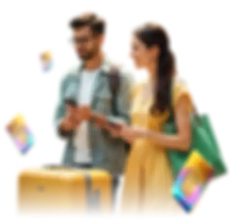 Smiling couple with smartphones and a suitcase, standing together while colorful eSIM cards float around them—representing a smooth and modern travel experience.