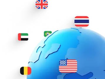 Stylized globe with floating country flags, including the UK, USA, Thailand, UAE, Brazil, and Belgium—representing international travel or global connectivity.