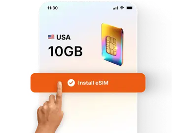 A hand tapping the “Install eSIM” button on a phone screen showing a 10 GB USA data plan with a colorful digital SIM card icon.