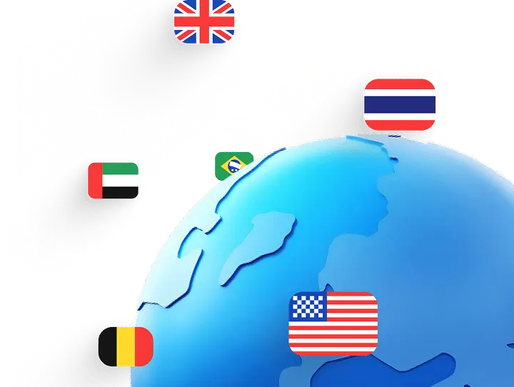 Globe stylisé avec des drapeaux nationaux flottants, dont le Royaume-Uni, les États-Unis, la Thaïlande, les Émirats arabes unis, le Brésil et la Belgique—représentant les voyages internationaux ou la connectivité mondiale.