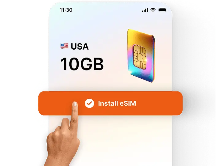 Une main appuie sur le bouton « Installer l’eSIM » sur l’écran d’un téléphone affichant un forfait de données 10 Go États-Unis et une icône de carte SIM numérique colorée.