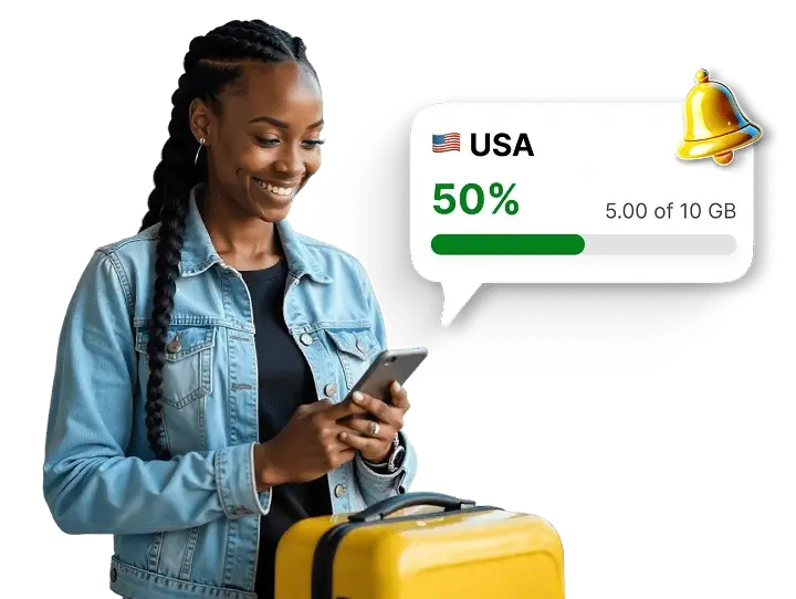 Vérification de l'utilisation des données mobiles pour les États-Unis dans une application, avec une notification indiquant que 50 % du forfait de données de 10 Go a été utilisé.