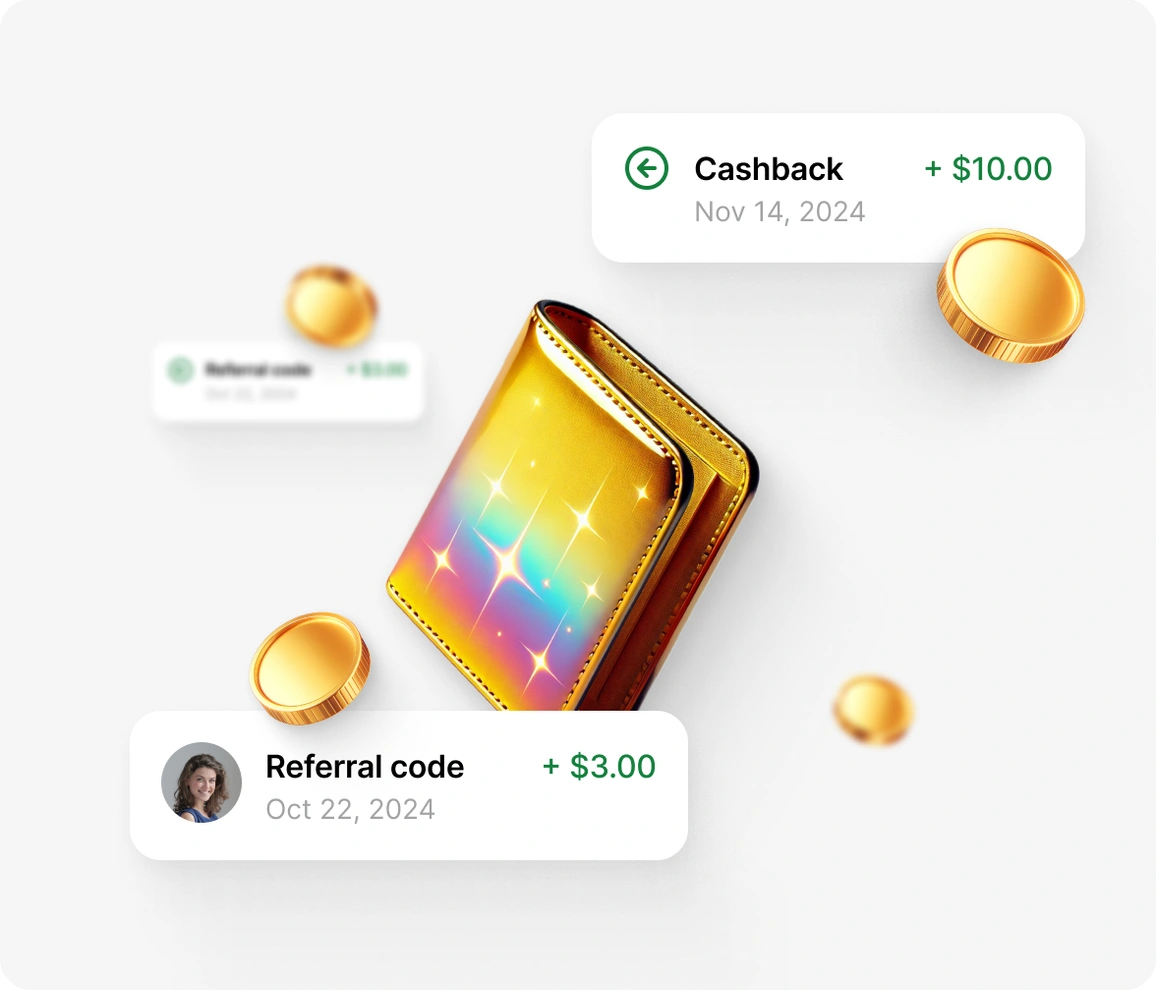 Ein goldener Geldbeutel, umgeben von Münzen und Cashback-Belohnungen, zeigt Bonusverdienste aus Empfehlungen und Einkäufen.