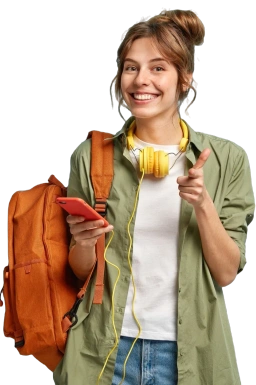 Ein lächelnder junger Reisender mit Rucksack und Handy, der einen Partner darstellt, der durch die Werbung für eSIM-Käufe Provisionen verdient.