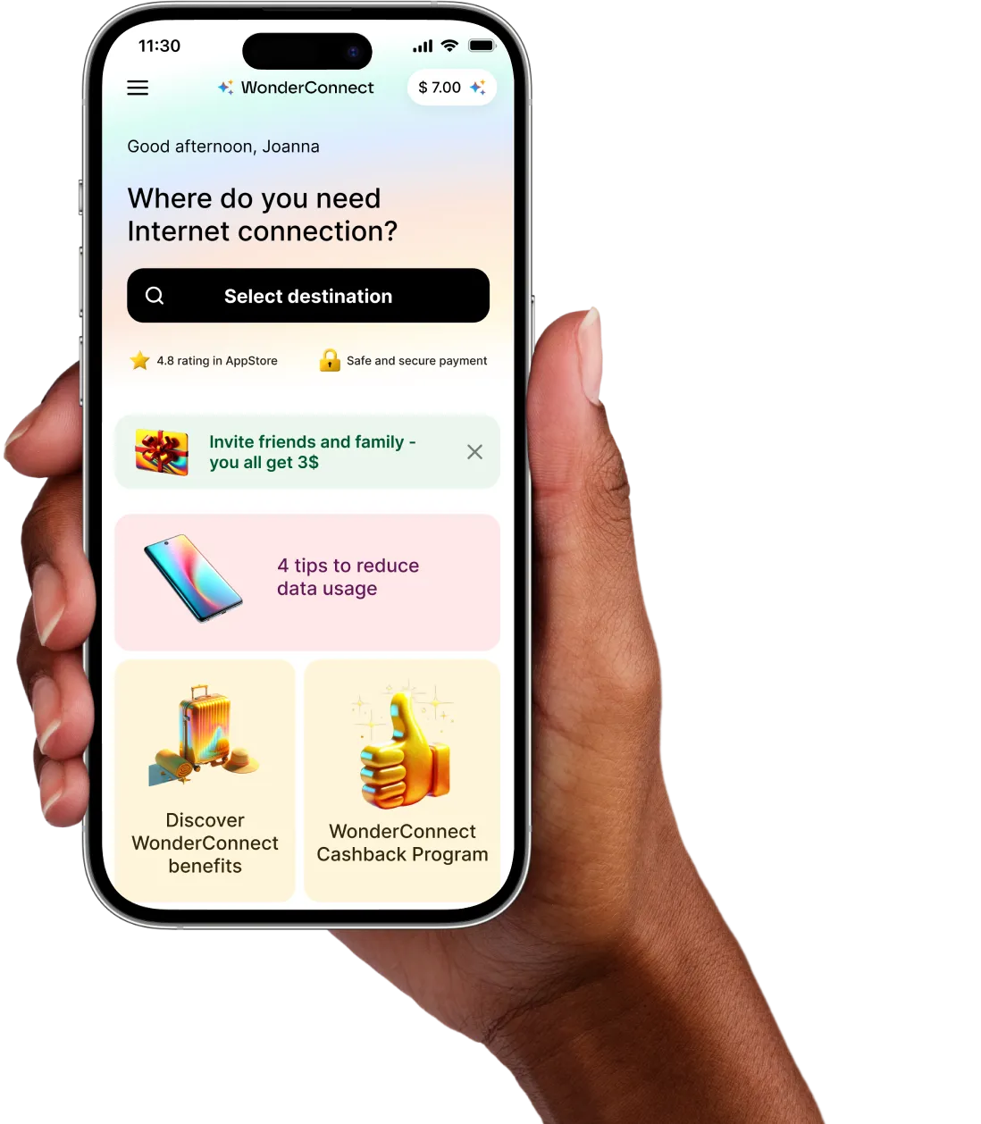 Hand holding a smartphone displaying the WonderConnect app. The screen shows a search field for destinations, eSIM benefits, referral rewards, and app features like cashback. Surrounding icons highlight global coverage, app rating, and a QR code to download the app.