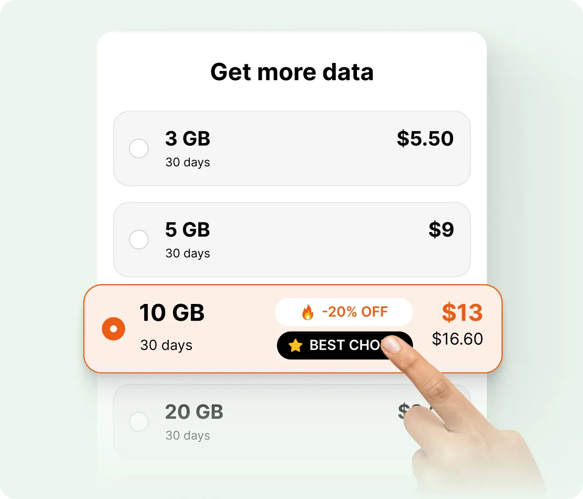 Mobile data top-up screen showing different data packages of top-up options.