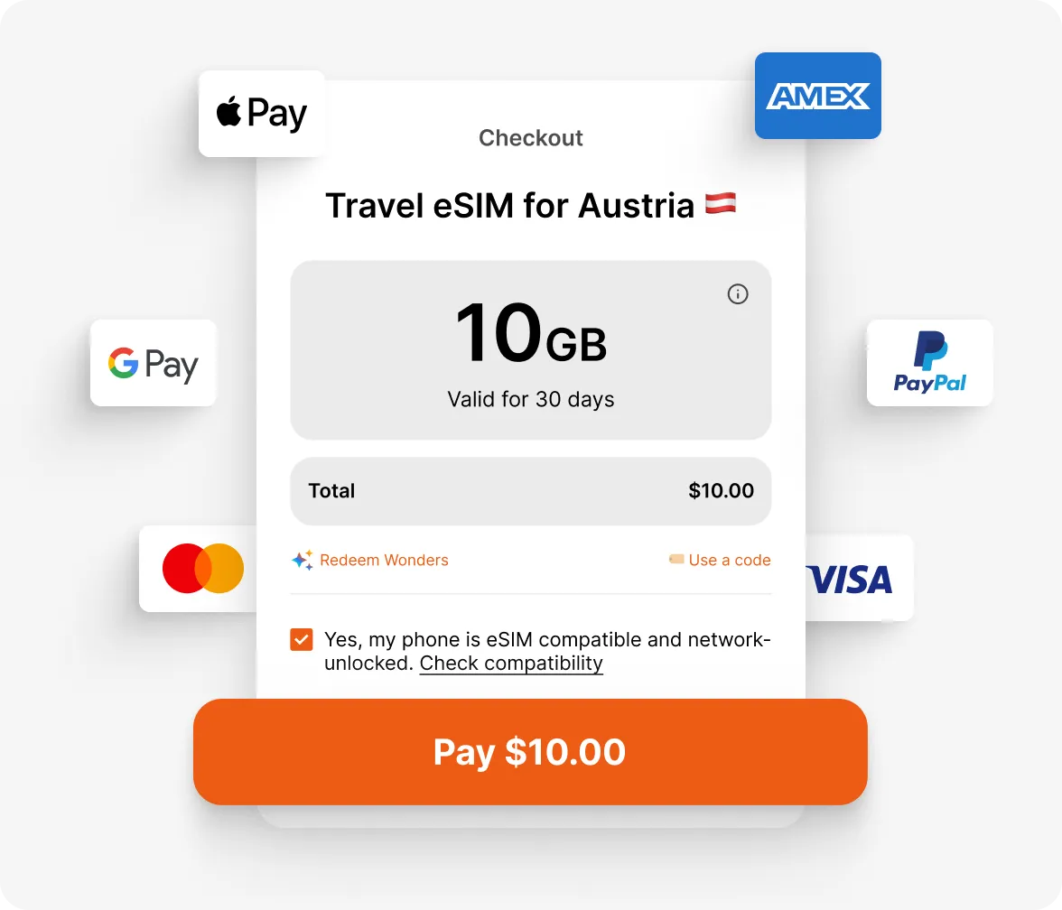 Checkout screen showing the purchase of a 10GB travel eSIM for Austria, valid for 30 days. Payment options include Apple Pay, Google Pay, PayPal, Visa, Mastercard, and AMEX.