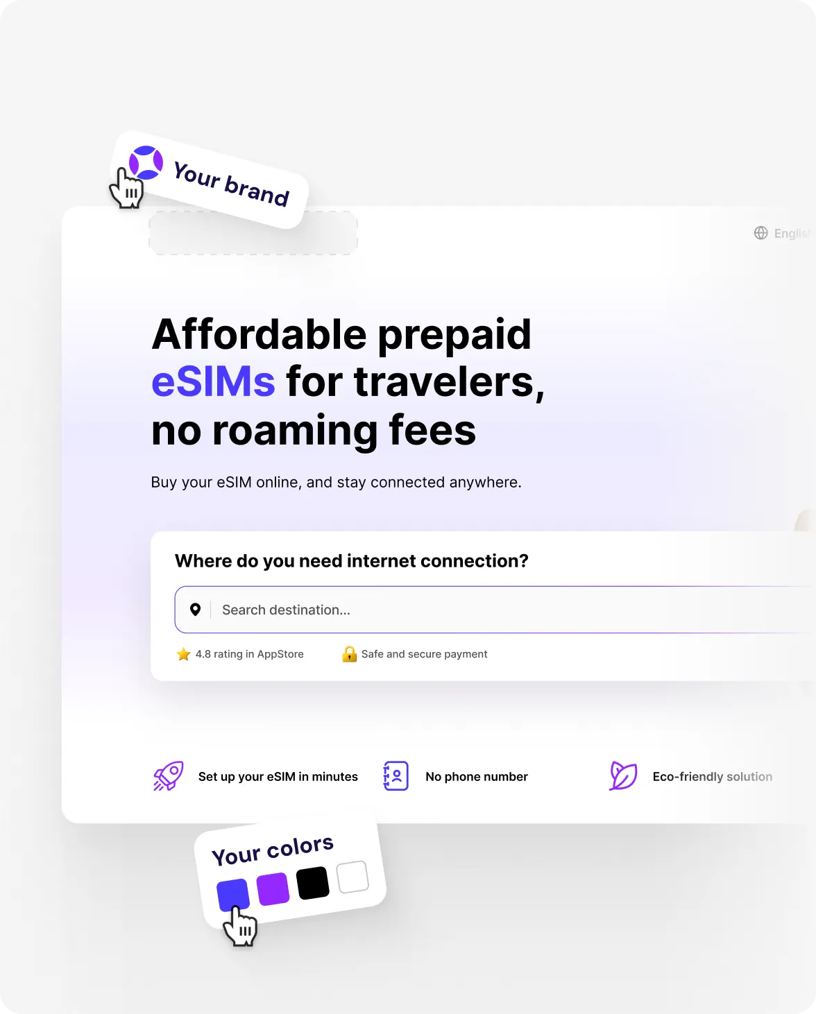 Customizable eSIM landing page with placeholders for your brand and colors, showcasing affordable prepaid internet for travelers without roaming fees.