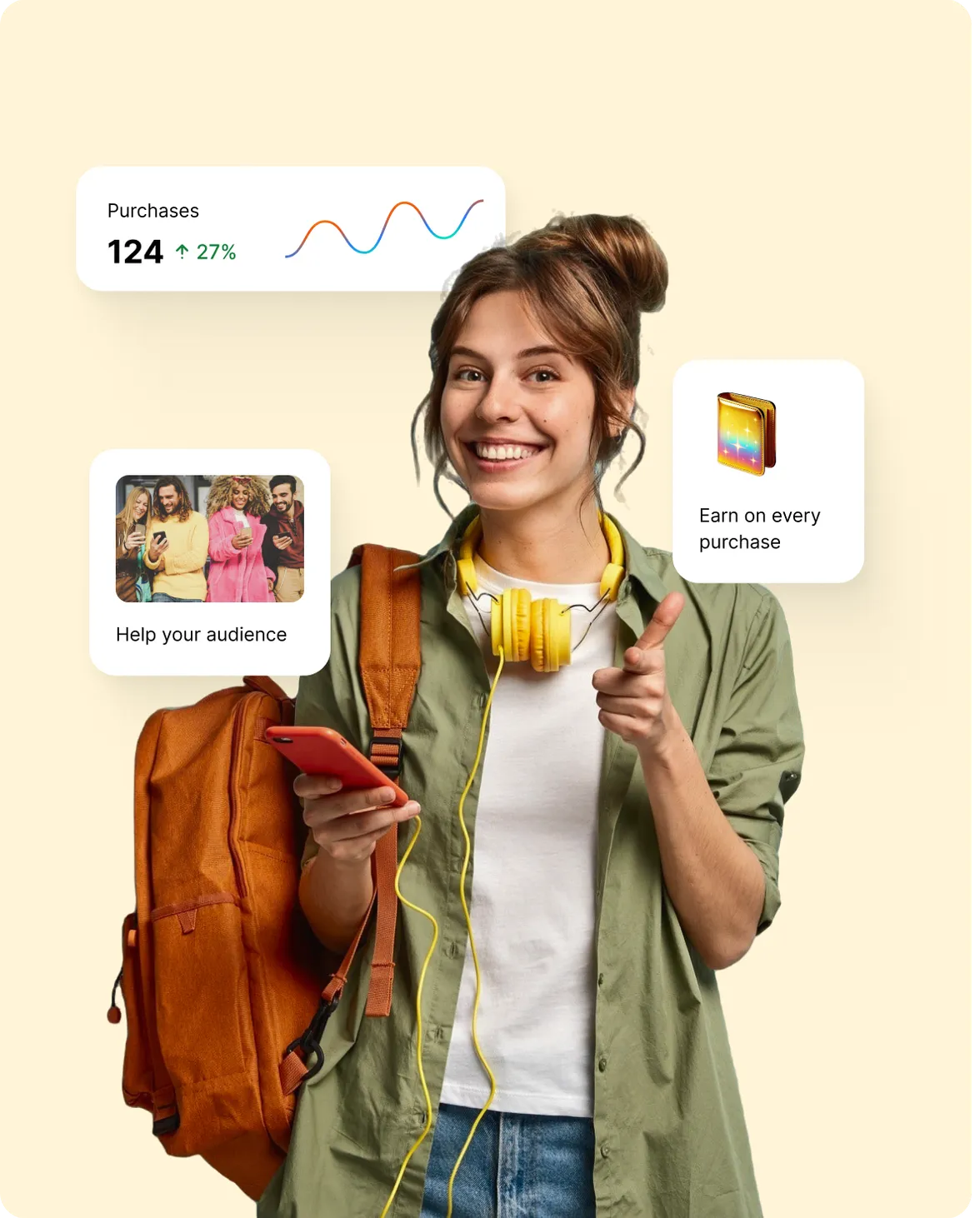 Smiling young traveler with a backpack and phone, representing an affiliate who earns commissions from promoting eSIM purchases.