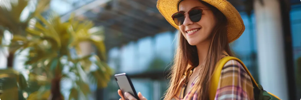 Smiling woman wearing a hat and sunglasses using a smartphone while traveling, with palm trees and a modern building in the background.