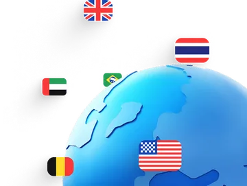 Stylized globe with floating country flags, including the UK, USA, Thailand, UAE, Brazil, and Belgium—representing international travel or global connectivity.