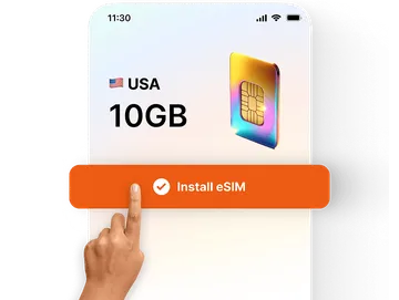 A hand tapping the “Install eSIM” button on a phone screen showing a 10GB USA data plan with a colorful digital SIM card icon.