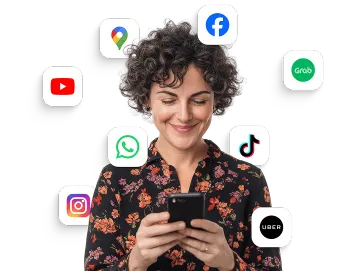 Smiling woman using her smartphone, surrounded by icons of popular apps like WhatsApp, Instagram, YouTube, Google Maps, Facebook, TikTok, Uber, and Grab—suggesting easy access to essential travel and social tools.
