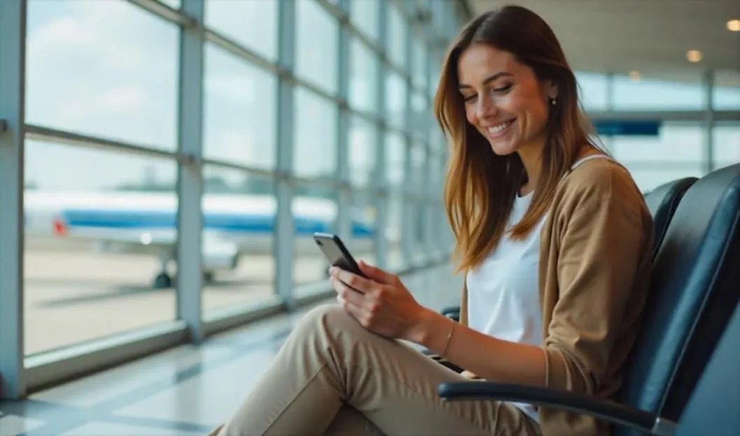 Smiling woman sitting at the airport near a large window, looking at her phone.