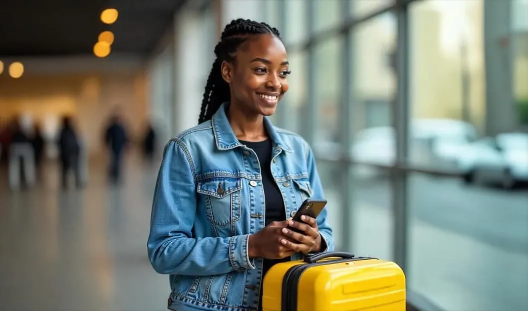 Smiling traveler holding a phone and standing with a yellow suitcase in a bright airport terminal.