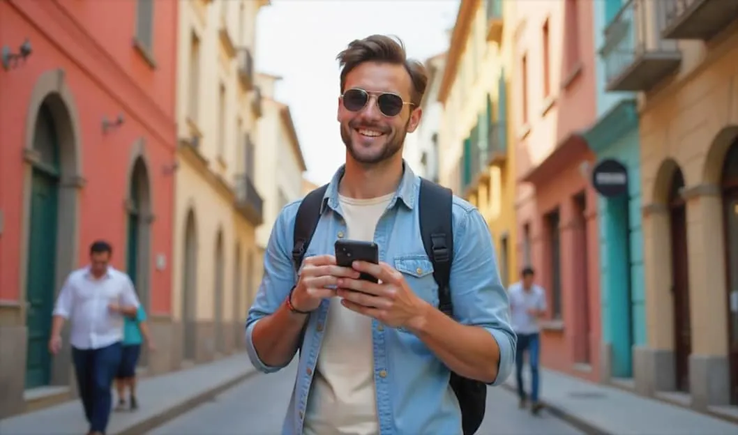 Ein lächelnder Mann mit einem Rucksack spaziert eine bunte Stadtstraße entlang, hält sein Handy und genießt seine Reise.