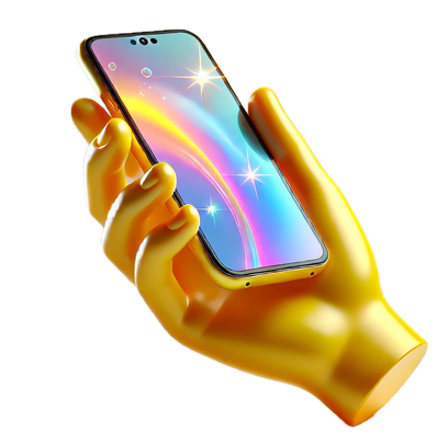 Golden 3D hand holding a modern smartphone with a glowing, colorful screen.