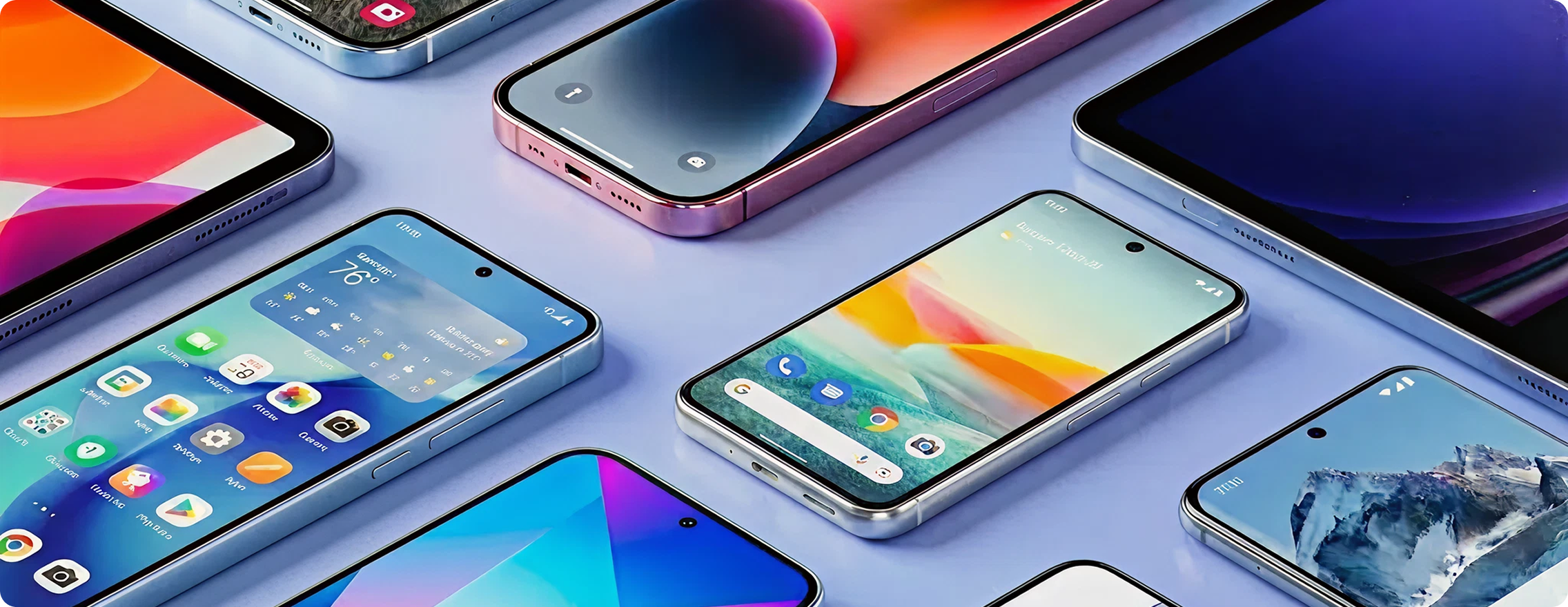 Four modern smartphones standing upright in a row, including gold and dark-colored models with vibrant, abstract wallpapers displayed on their screens.