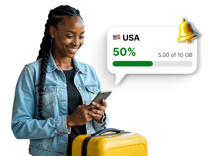 Traveler checking mobile data usage for the USA in an app, with a notification showing 50% of the 10 GB data package used.